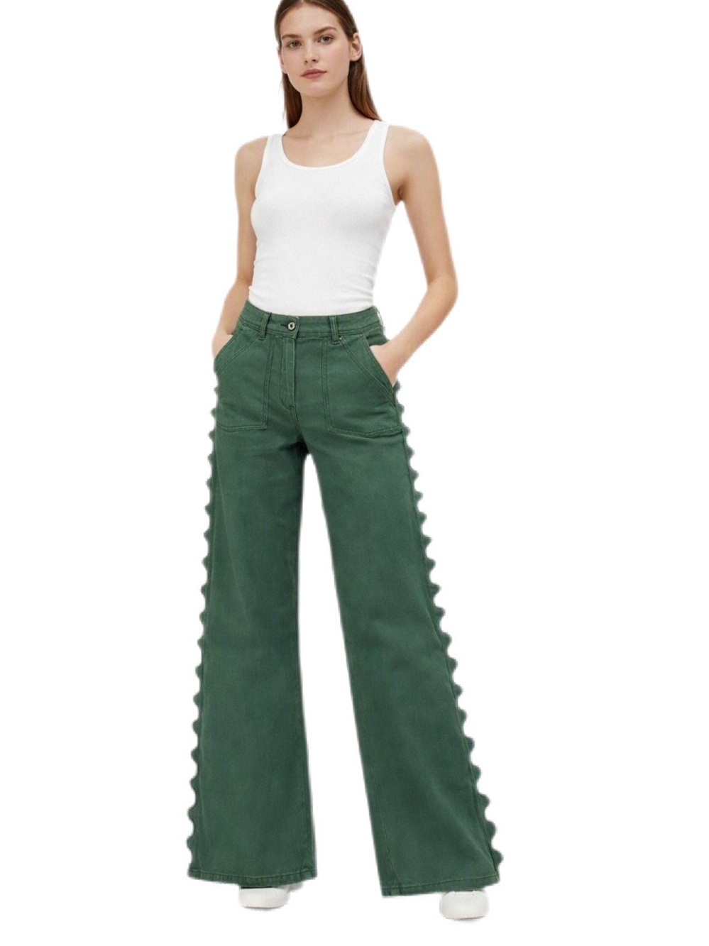 Etcetera Distressed Green Casual Pants with Scallop Detail Along the Outer Edges